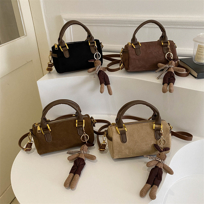 Retro Simple Cylinder Small Bag Women's Bag in Brown Suede