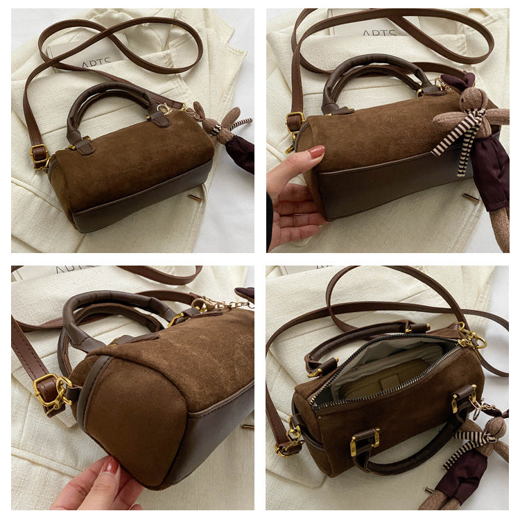 Retro Simple Cylinder Small Bag Women's Bag in Brown Suede