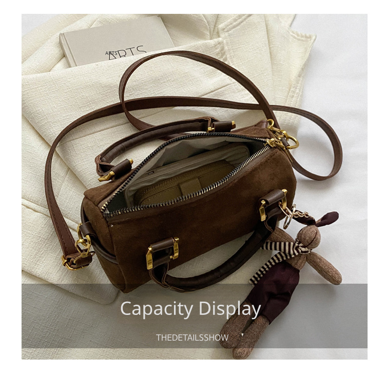 Retro Simple Cylinder Small Bag Women's Bag in Brown Suede